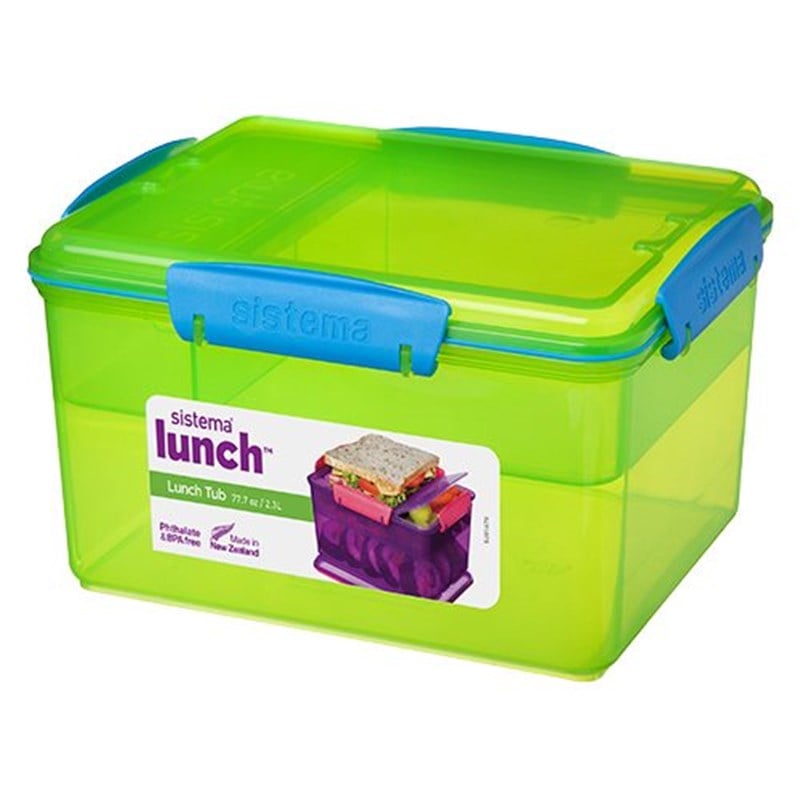 Madkasse stor lunch tub 2,3 L 4 rum, lime, blå, pink og lilla Sistema