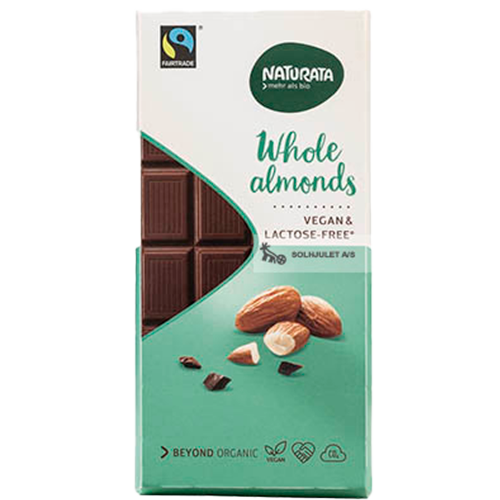 Naturata Laktosefri Chokolade med Mandel Ø (100 g) Fairtrade og økologisk laktosefri chokolade med hele mandler. Anbefales til vegetarer, veganere og lakto-vege