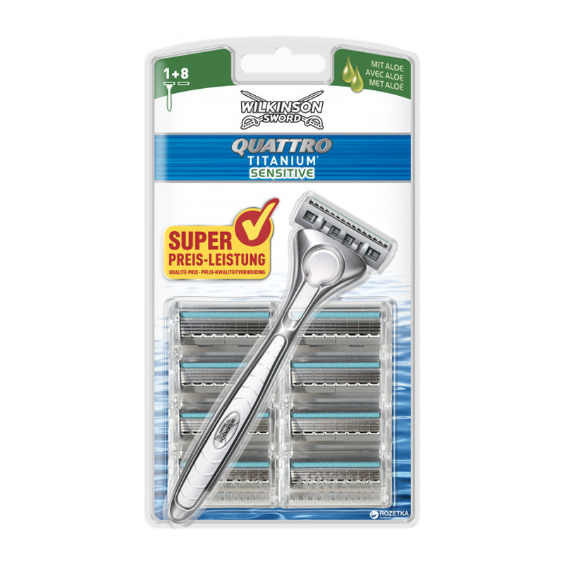 Wilkinson Quattro Titanium Sensitive Barberskraber (Inkl. 8 Barberblade)
