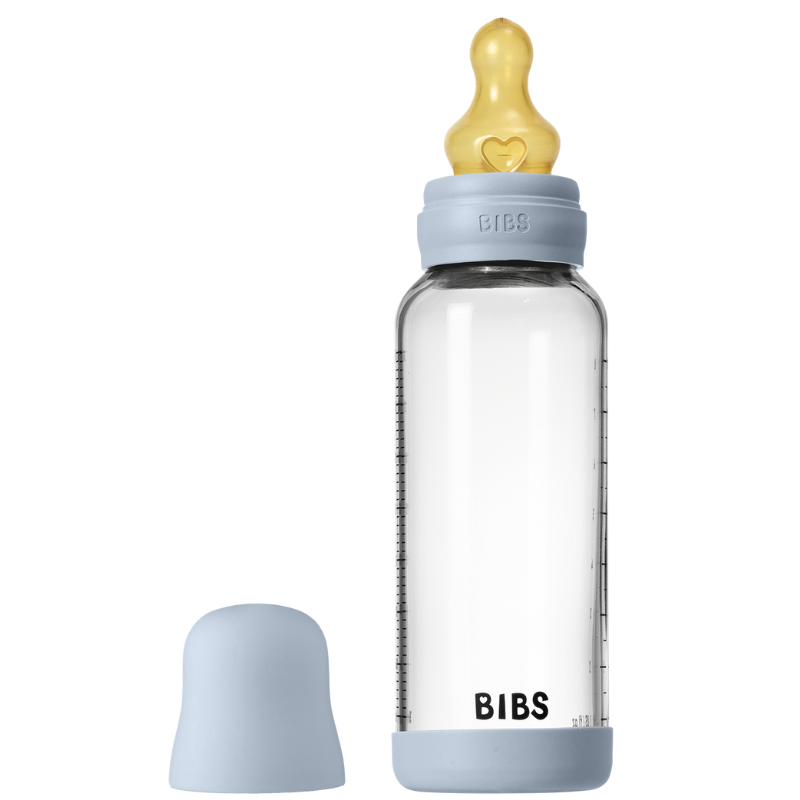 Bibs Glass Baby Bottle Round Latex Medium Flow Baby Blue (240 ml)