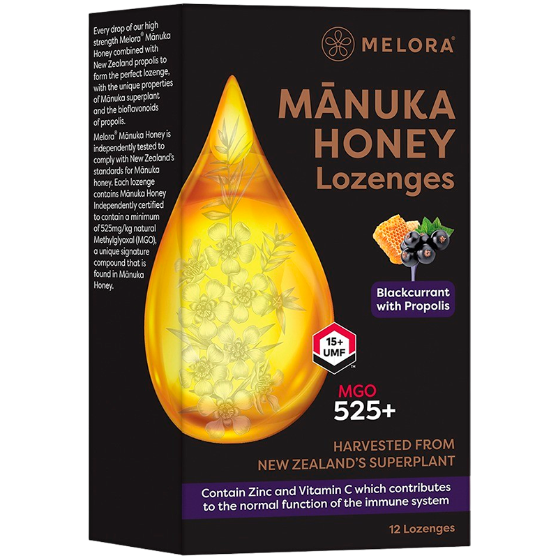Melora Manuka Honey & Propolis Lozenges Blackcurrant (12 stk)