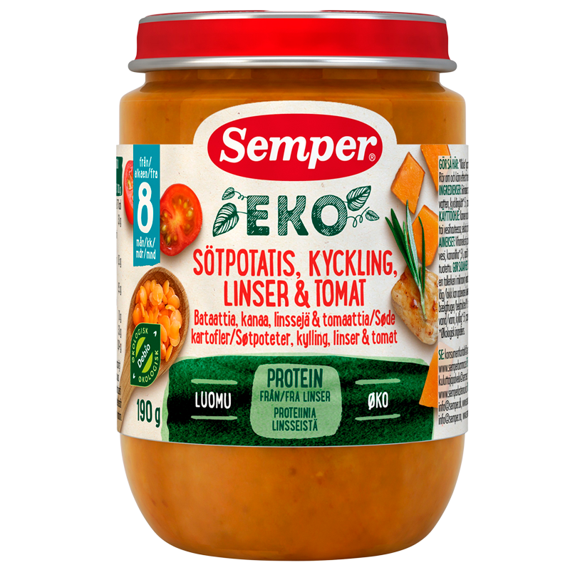 Semper EKO Mos Med Sødekartoffel, Kylling, Linser & Tomat Ø (190 g)