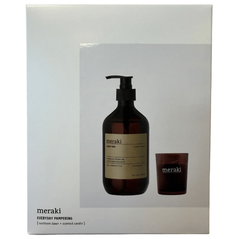 Gaveæske Meraki Kitchen essentials gavesæt med økologisk håndsæbe 490 ml og duftlys 12 timers brændetid