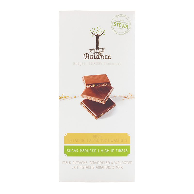 Stevia Balance Plade Mælk Pistache Mandel & Valnød (85 g)